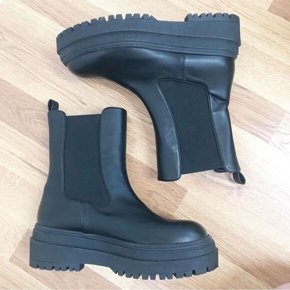 GOOD AMERICAN Black Leather Platform Chelsea Boot Bootie Midi Lug Sole Size 8 - Picture 7 of 10